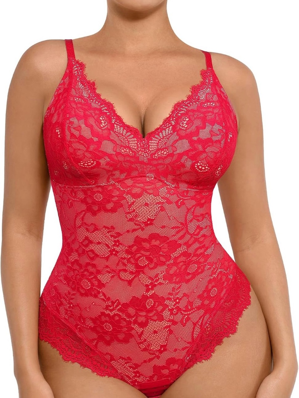 Shapewear Red Bodysuit Lace Shapewear Tummy Control Bodysuit Top - Size Small